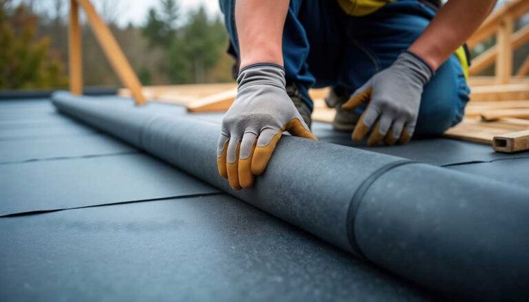 A homeowner examining roof shingles and warranty paperwork in a backyard setting.